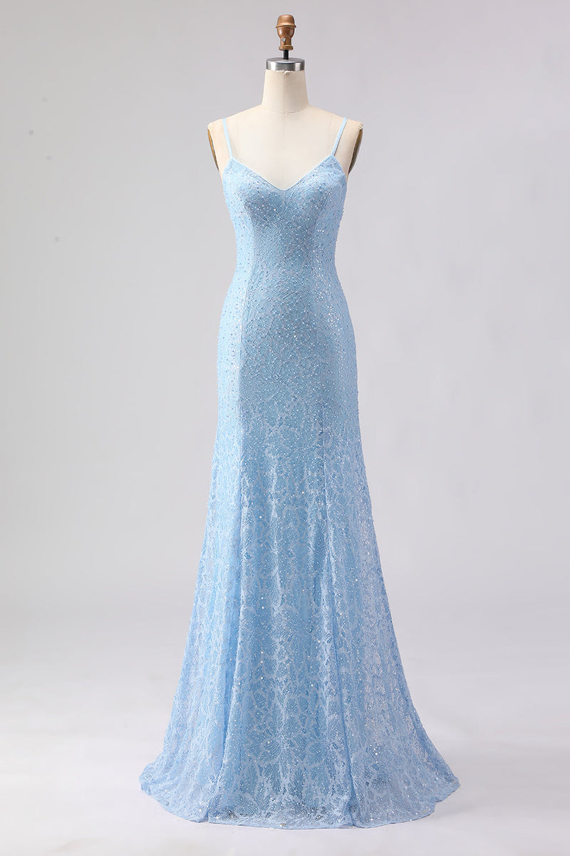 Load image into Gallery viewer, Sparkly Sky Blue Spaghetti Straps Long Prom Dress with Beadings