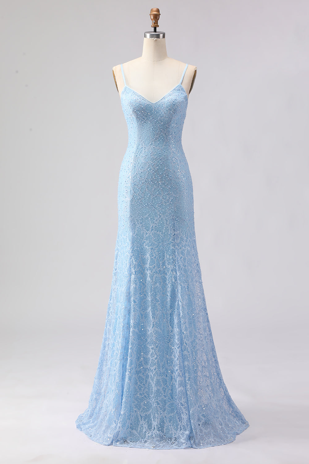 Sparkly Sky Blue Spaghetti Straps Long Prom Dress with Beadings
