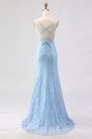 Load image into Gallery viewer, Sparkly Sky Blue Spaghetti Straps Long Prom Dress with Beadings