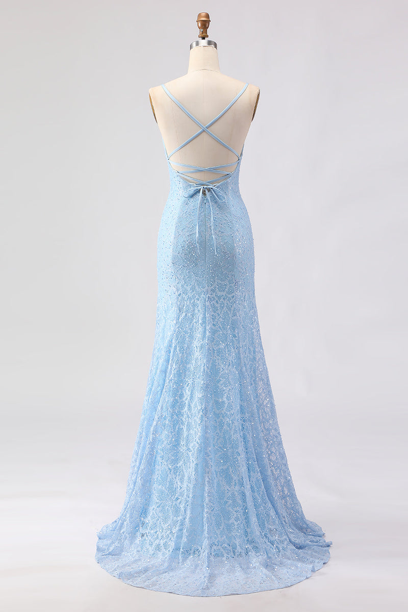 Load image into Gallery viewer, Sparkly Sky Blue Spaghetti Straps Long Prom Dress with Beadings