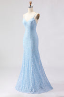Load image into Gallery viewer, Sparkly Sky Blue Spaghetti Straps Long Prom Dress with Beadings