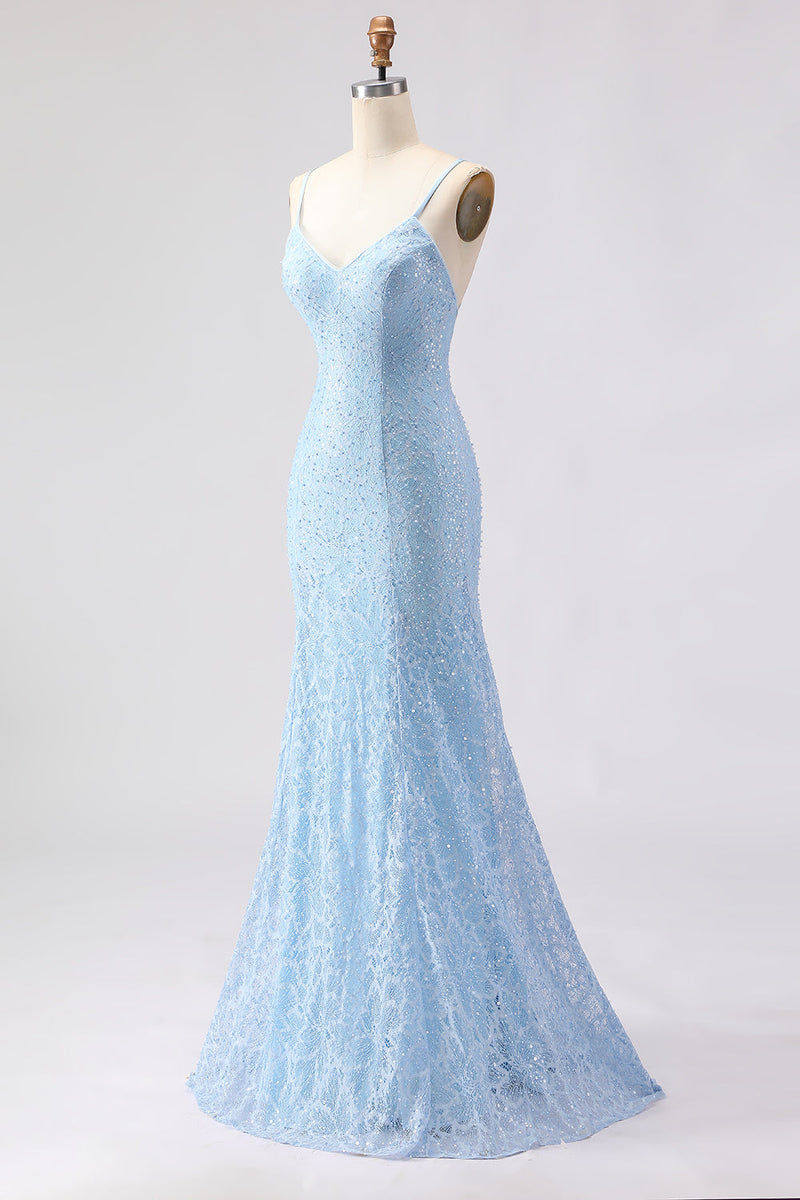 Load image into Gallery viewer, Sparkly Sky Blue Spaghetti Straps Long Prom Dress with Beadings