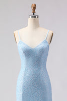 Load image into Gallery viewer, Sparkly Sky Blue Spaghetti Straps Long Prom Dress with Beadings
