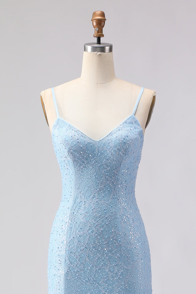 Load image into Gallery viewer, Sparkly Sky Blue Spaghetti Straps Long Prom Dress with Beadings