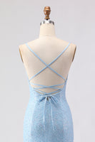 Load image into Gallery viewer, Sparkly Sky Blue Spaghetti Straps Long Prom Dress with Beadings