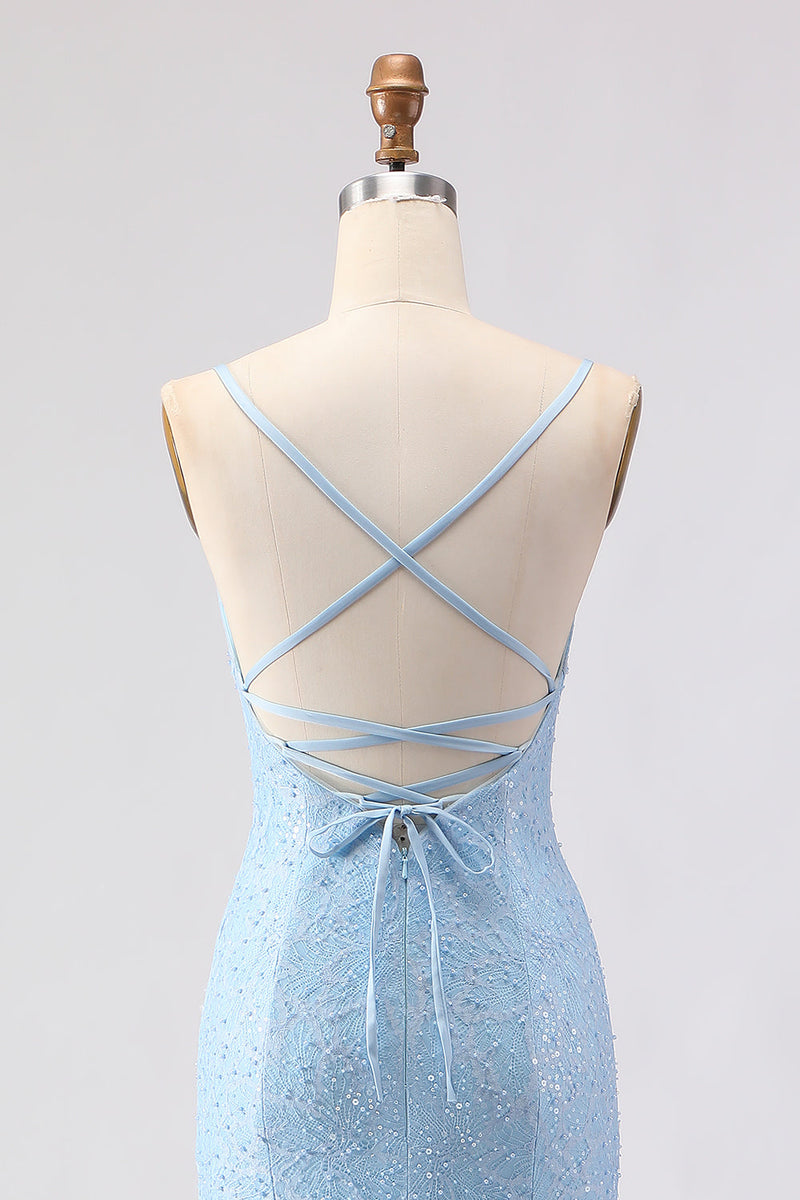 Load image into Gallery viewer, Sparkly Sky Blue Spaghetti Straps Long Prom Dress with Beadings
