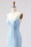 Load image into Gallery viewer, Sparkly Sky Blue Spaghetti Straps Long Prom Dress with Beadings