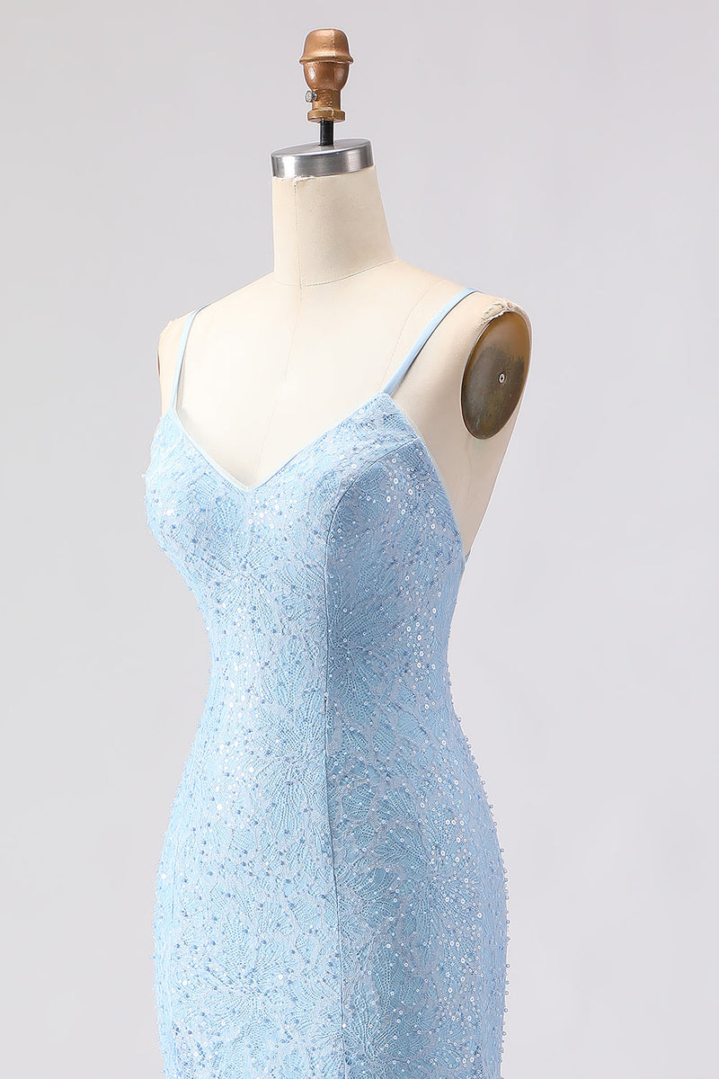 Load image into Gallery viewer, Sparkly Sky Blue Spaghetti Straps Long Prom Dress with Beadings