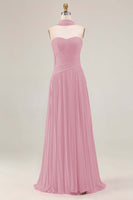 Load image into Gallery viewer, Strapless Fuchsia Neck Scarf A Line Pleated Long Prom Dress