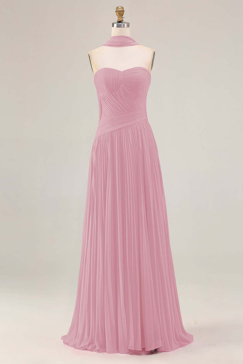 Load image into Gallery viewer, Strapless Fuchsia Neck Scarf A Line Pleated Long Prom Dress