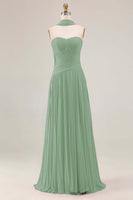 Load image into Gallery viewer, Strapless Fuchsia Neck Scarf A Line Pleated Long Prom Dress