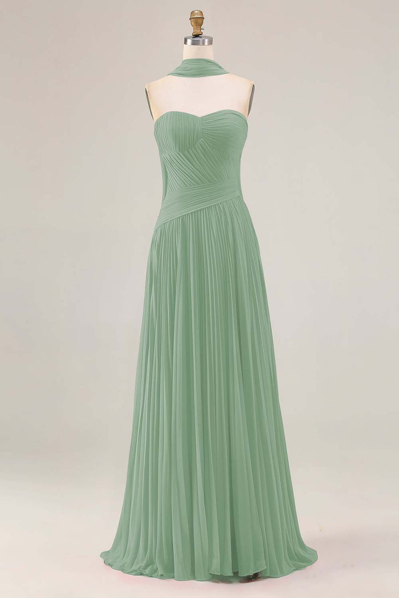 Load image into Gallery viewer, Strapless Fuchsia Neck Scarf A Line Pleated Long Prom Dress