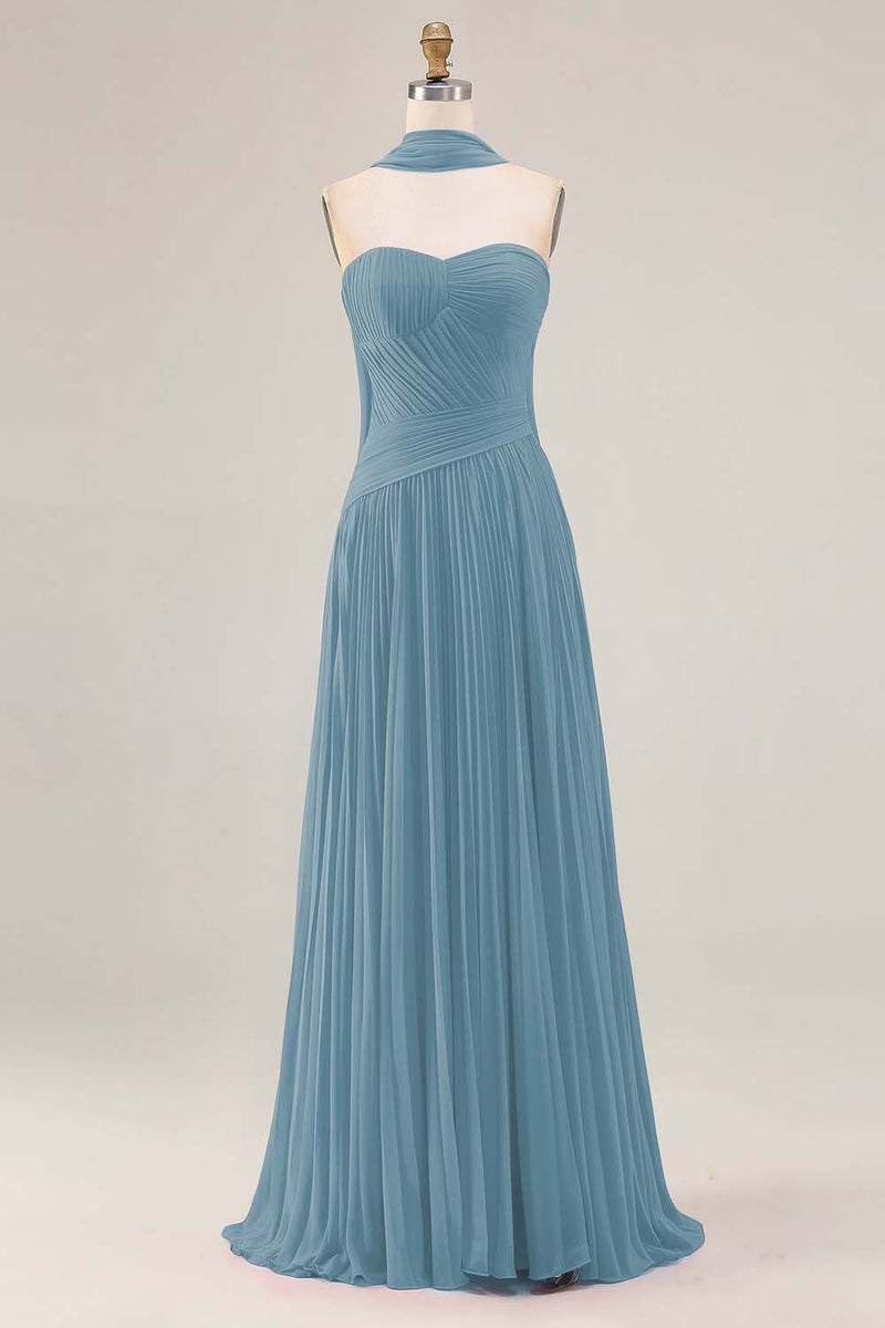 Load image into Gallery viewer, Strapless Fuchsia Neck Scarf A Line Pleated Long Prom Dress