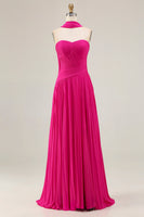 Load image into Gallery viewer, Strapless Fuchsia Neck Scarf A Line Pleated Long Prom Dress
