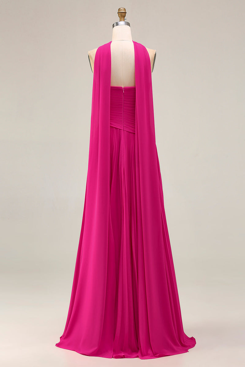 Load image into Gallery viewer, Strapless Fuchsia Neck Scarf A Line Pleated Long Prom Dress