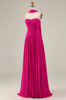 Load image into Gallery viewer, Strapless Fuchsia Neck Scarf A Line Pleated Long Prom Dress