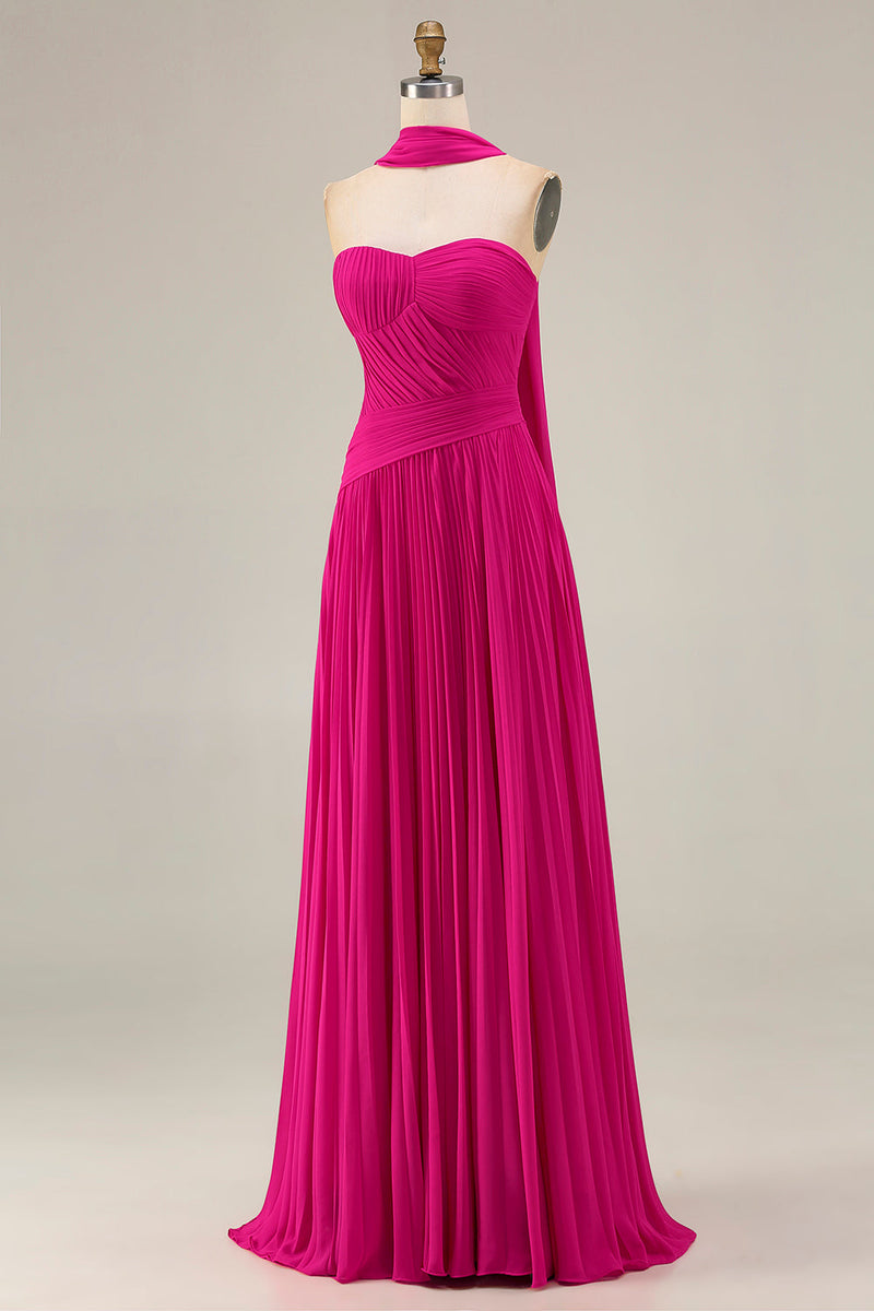 Load image into Gallery viewer, Strapless Fuchsia Neck Scarf A Line Pleated Long Prom Dress