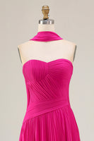 Load image into Gallery viewer, Strapless Fuchsia Neck Scarf A Line Pleated Long Prom Dress