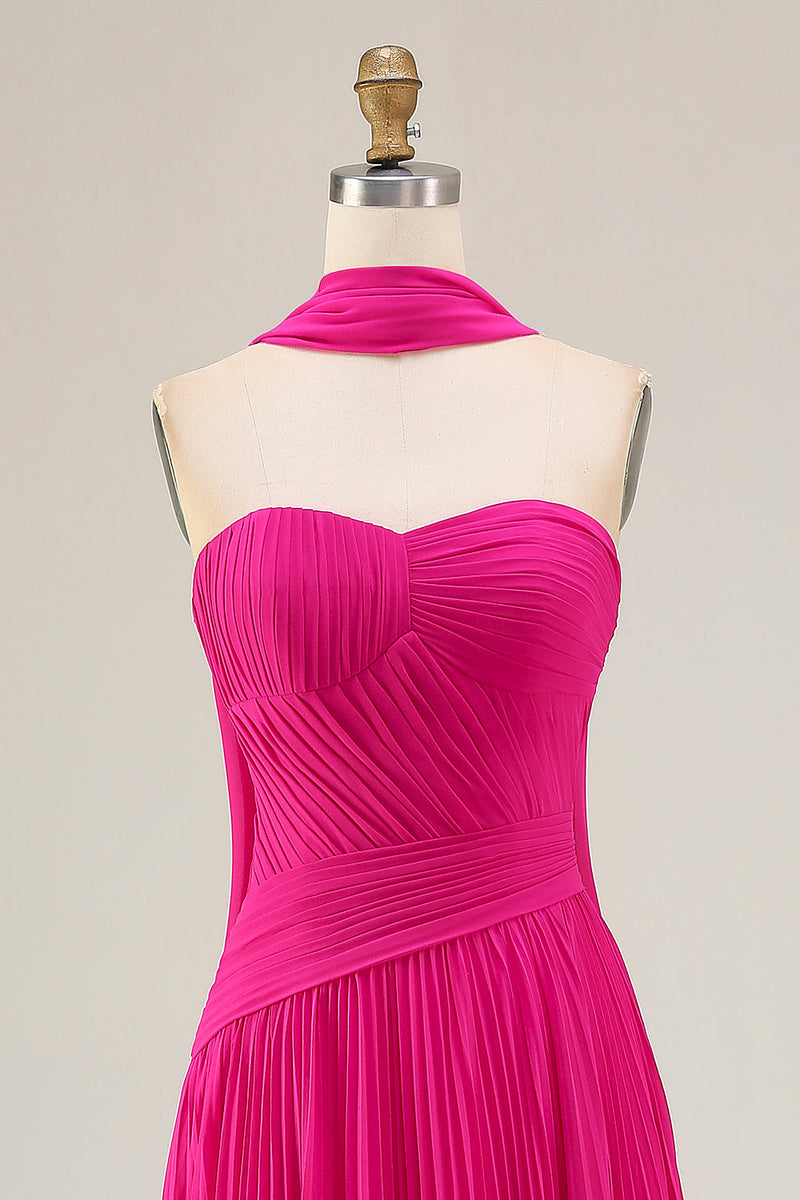Load image into Gallery viewer, Strapless Fuchsia Neck Scarf A Line Pleated Long Prom Dress