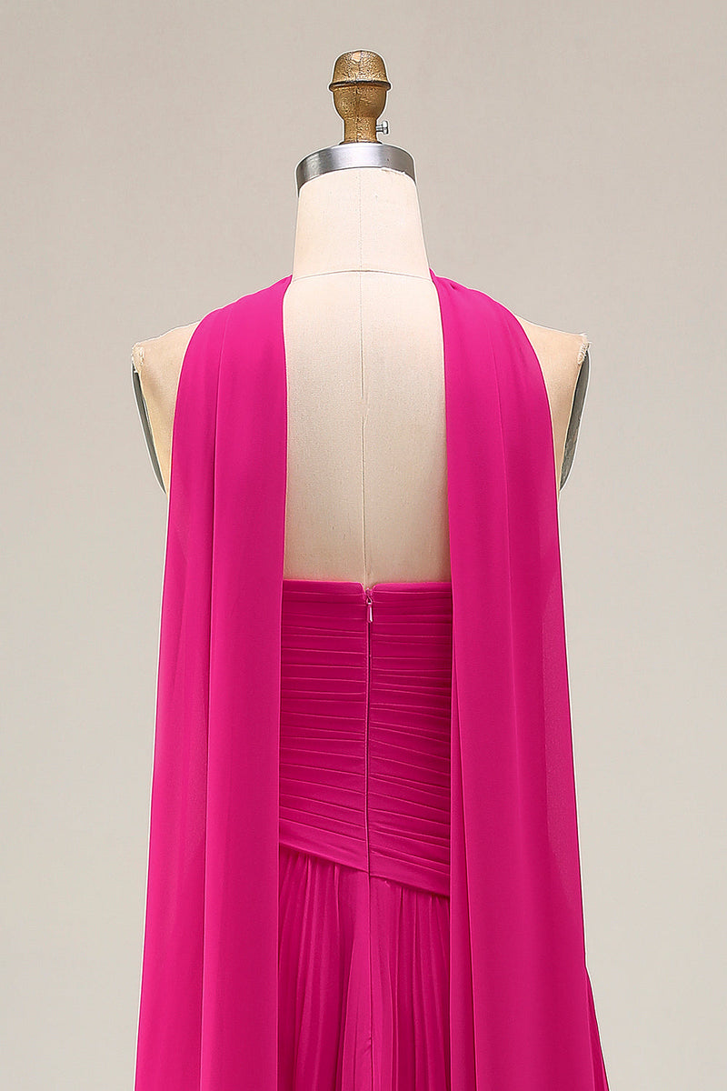 Load image into Gallery viewer, Strapless Fuchsia Neck Scarf A Line Pleated Long Prom Dress