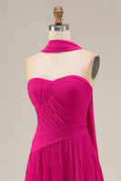 Load image into Gallery viewer, Strapless Fuchsia Neck Scarf A Line Pleated Long Prom Dress
