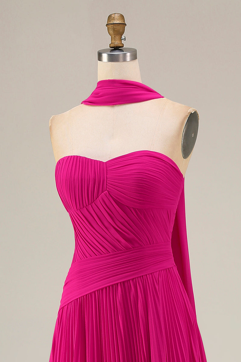 Load image into Gallery viewer, Strapless Fuchsia Neck Scarf A Line Pleated Long Prom Dress
