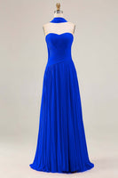 Load image into Gallery viewer, Strapless Fuchsia Neck Scarf A Line Pleated Long Prom Dress