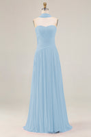 Load image into Gallery viewer, Strapless Fuchsia Neck Scarf A Line Pleated Long Prom Dress