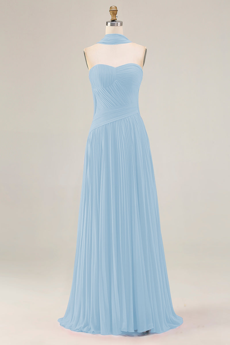 Load image into Gallery viewer, Strapless Fuchsia Neck Scarf A Line Pleated Long Prom Dress