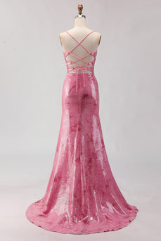 Sparkly Pink Mermaid Spaghetti Straps Sequin Long Prom Dress