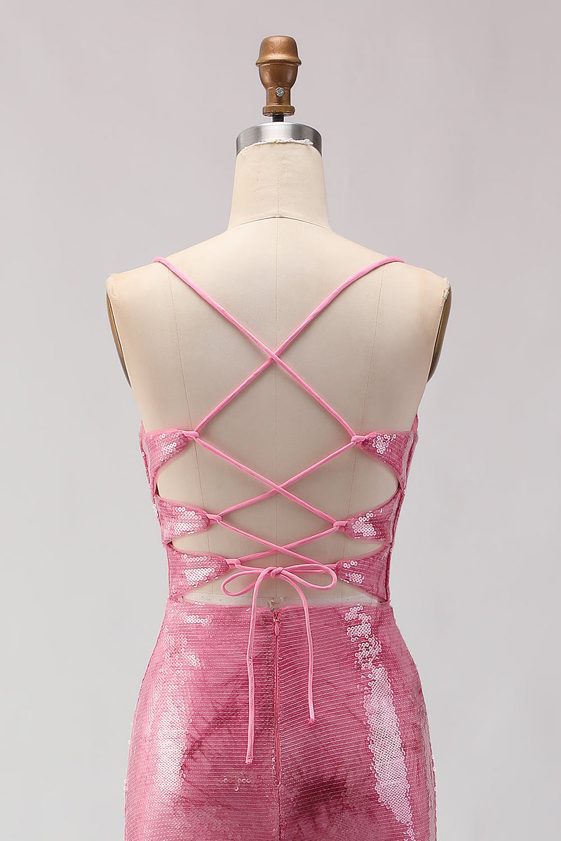 Load image into Gallery viewer, Sparkly Pink Mermaid Spaghetti Straps Sequin Long Prom Dress