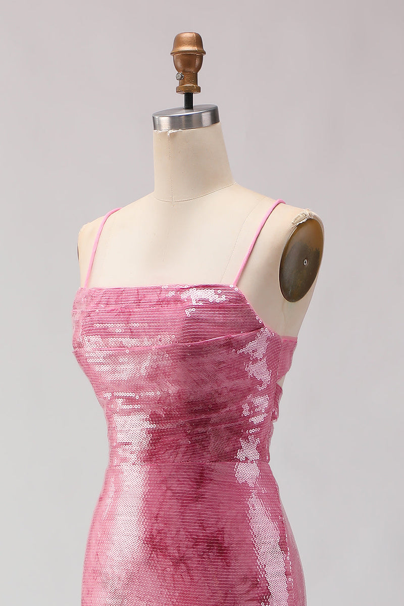 Load image into Gallery viewer, Sparkly Pink Mermaid Spaghetti Straps Sequin Long Prom Dress