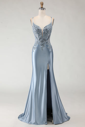 Sparkly Grey Blue Spaghetti Straps Mermaid Long Prom Dress with Appliques