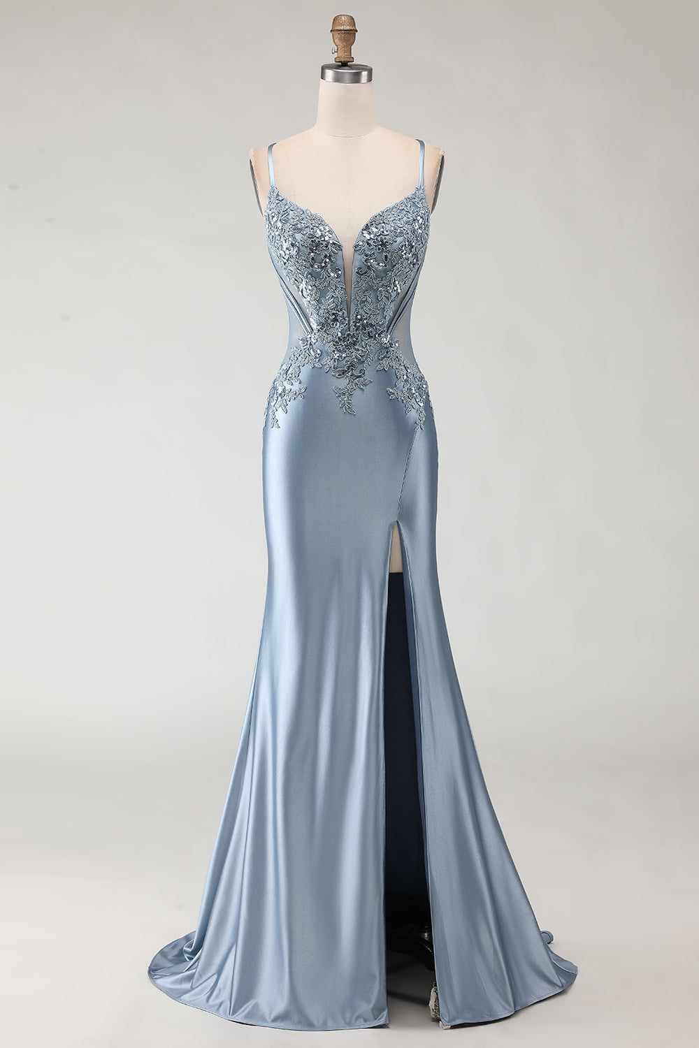 Sparkly Grey Blue Spaghetti Straps Mermaid Long Prom Dress with Appliques