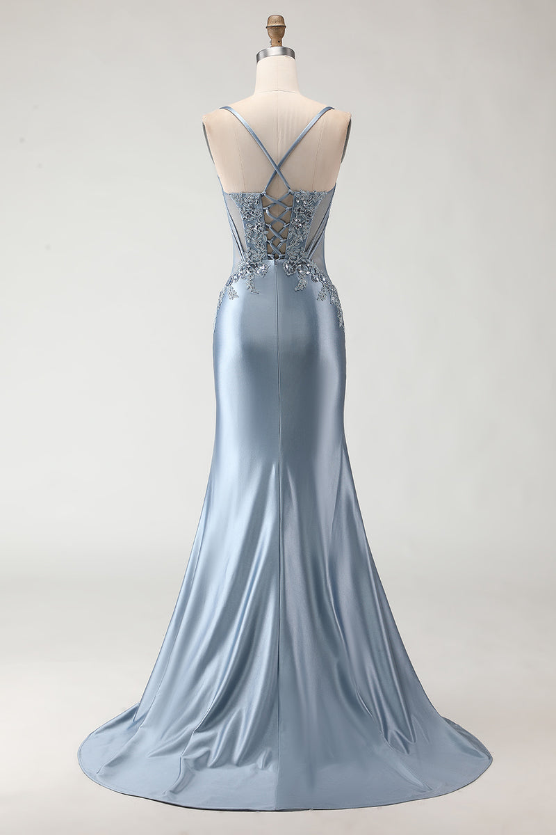 Load image into Gallery viewer, Sparkly Grey Blue Spaghetti Straps Mermaid Long Prom Dress with Appliques