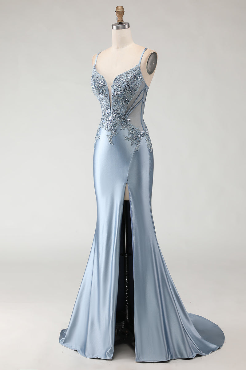 Load image into Gallery viewer, Sparkly Grey Blue Spaghetti Straps Mermaid Long Prom Dress with Appliques
