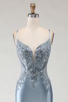 Load image into Gallery viewer, Sparkly Grey Blue Spaghetti Straps Mermaid Long Prom Dress with Appliques