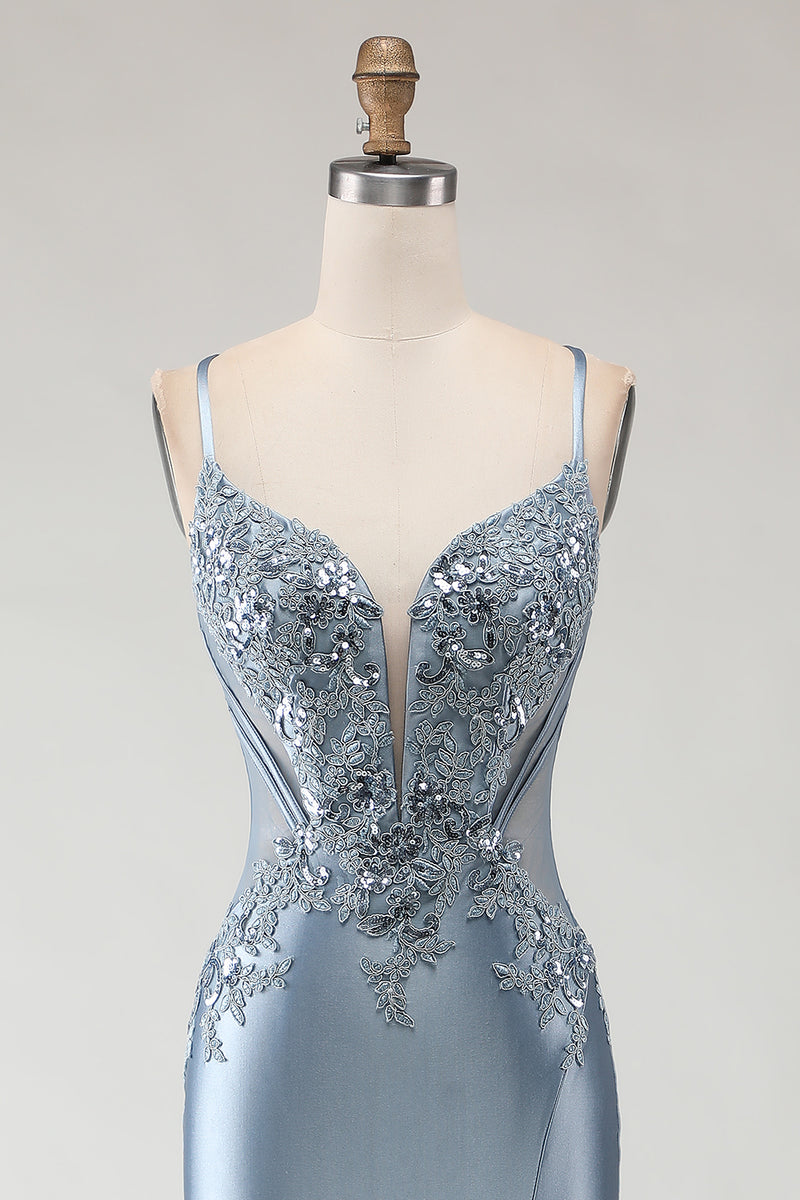 Load image into Gallery viewer, Sparkly Grey Blue Spaghetti Straps Mermaid Long Prom Dress with Appliques