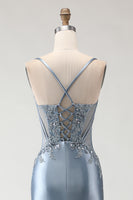 Load image into Gallery viewer, Sparkly Grey Blue Spaghetti Straps Mermaid Long Prom Dress with Appliques