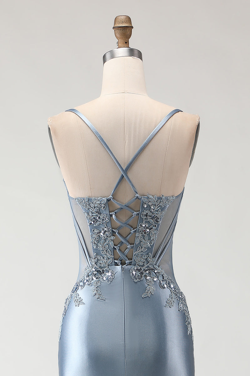 Load image into Gallery viewer, Sparkly Grey Blue Spaghetti Straps Mermaid Long Prom Dress with Appliques