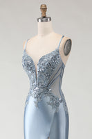 Load image into Gallery viewer, Sparkly Grey Blue Spaghetti Straps Mermaid Long Prom Dress with Appliques