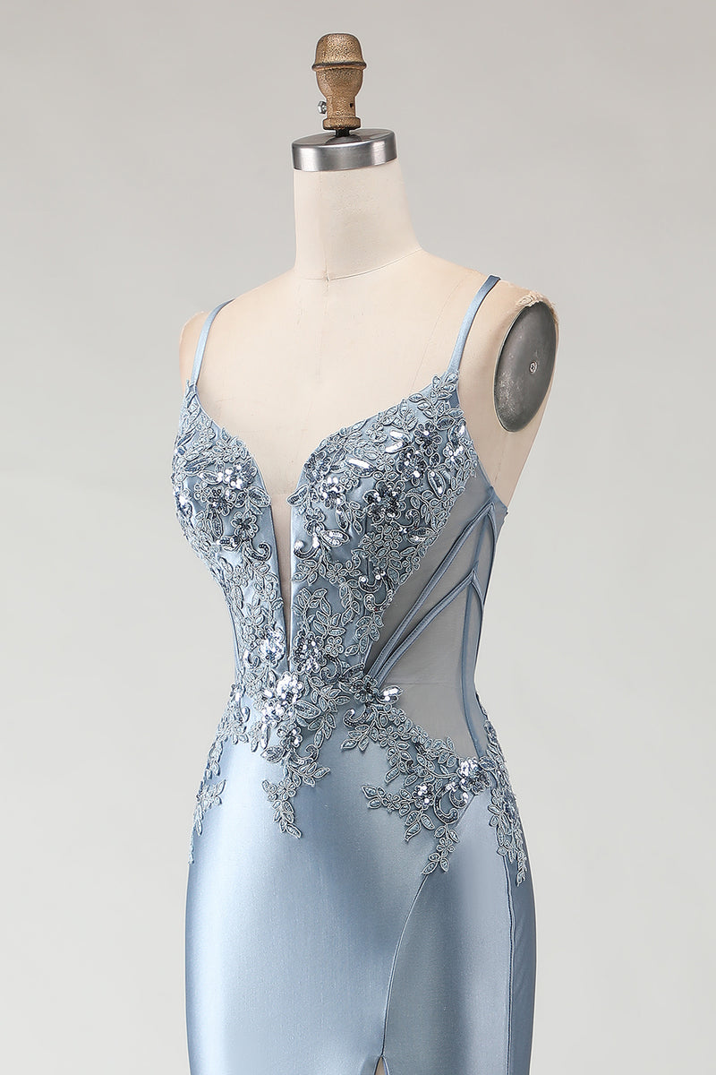 Load image into Gallery viewer, Sparkly Grey Blue Spaghetti Straps Mermaid Long Prom Dress with Appliques