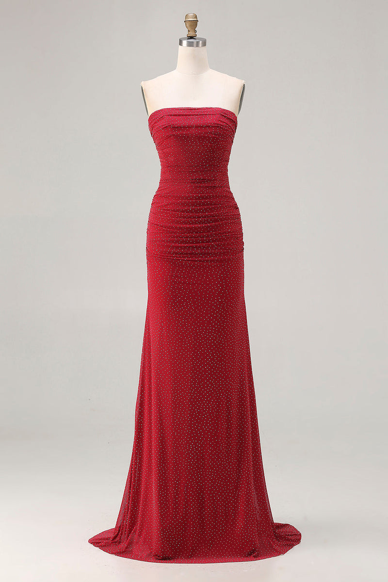 Load image into Gallery viewer, Sparkly Red Strapless Polka Dots Beaded Long Prom Dress