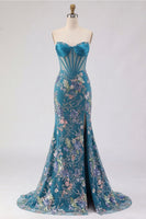 Load image into Gallery viewer, Sparkly Pink Beaded Mermaid Sequins Long Corset Prom Dress with Slit
