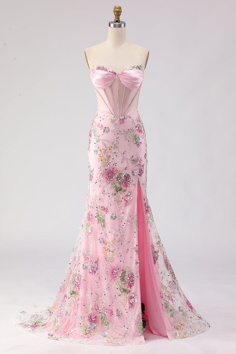 Load image into Gallery viewer, Sparkly Pink Beaded Mermaid Sequins Long Corset Prom Dress with Slit