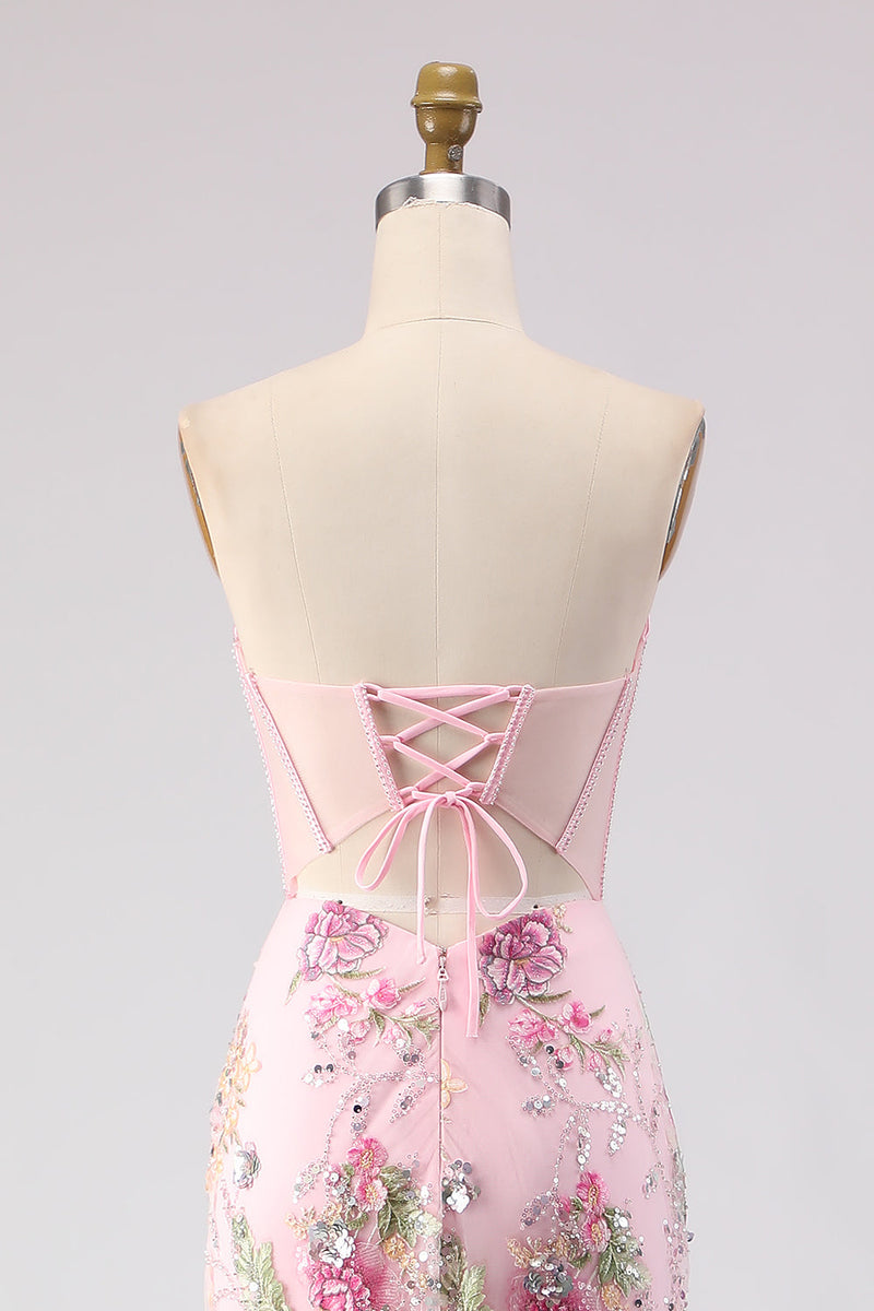 Load image into Gallery viewer, Sparkly Pink Beaded Mermaid Sequins Long Corset Prom Dress with Slit