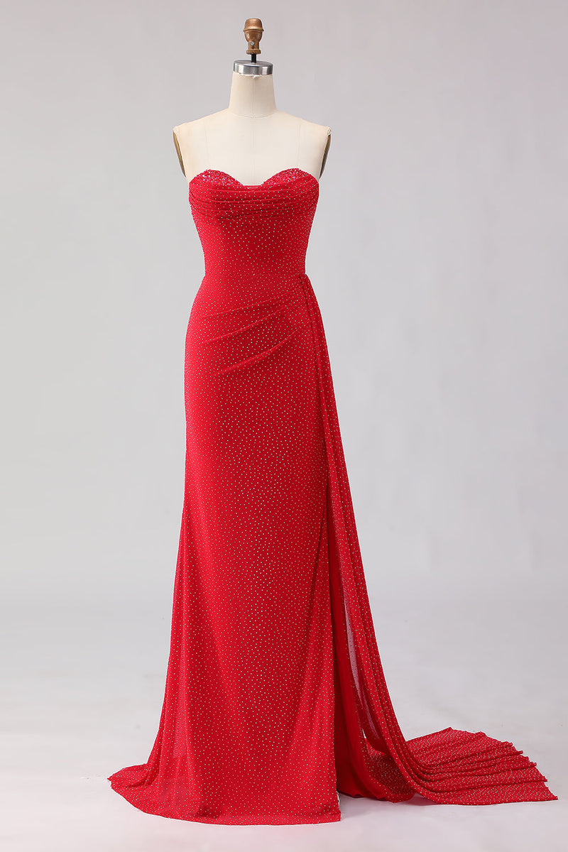 Load image into Gallery viewer, Sparkly Red Beaded Sheath Long Prom Dress with Slit