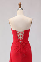 Load image into Gallery viewer, Sparkly Red Beaded Sheath Long Prom Dress with Slit