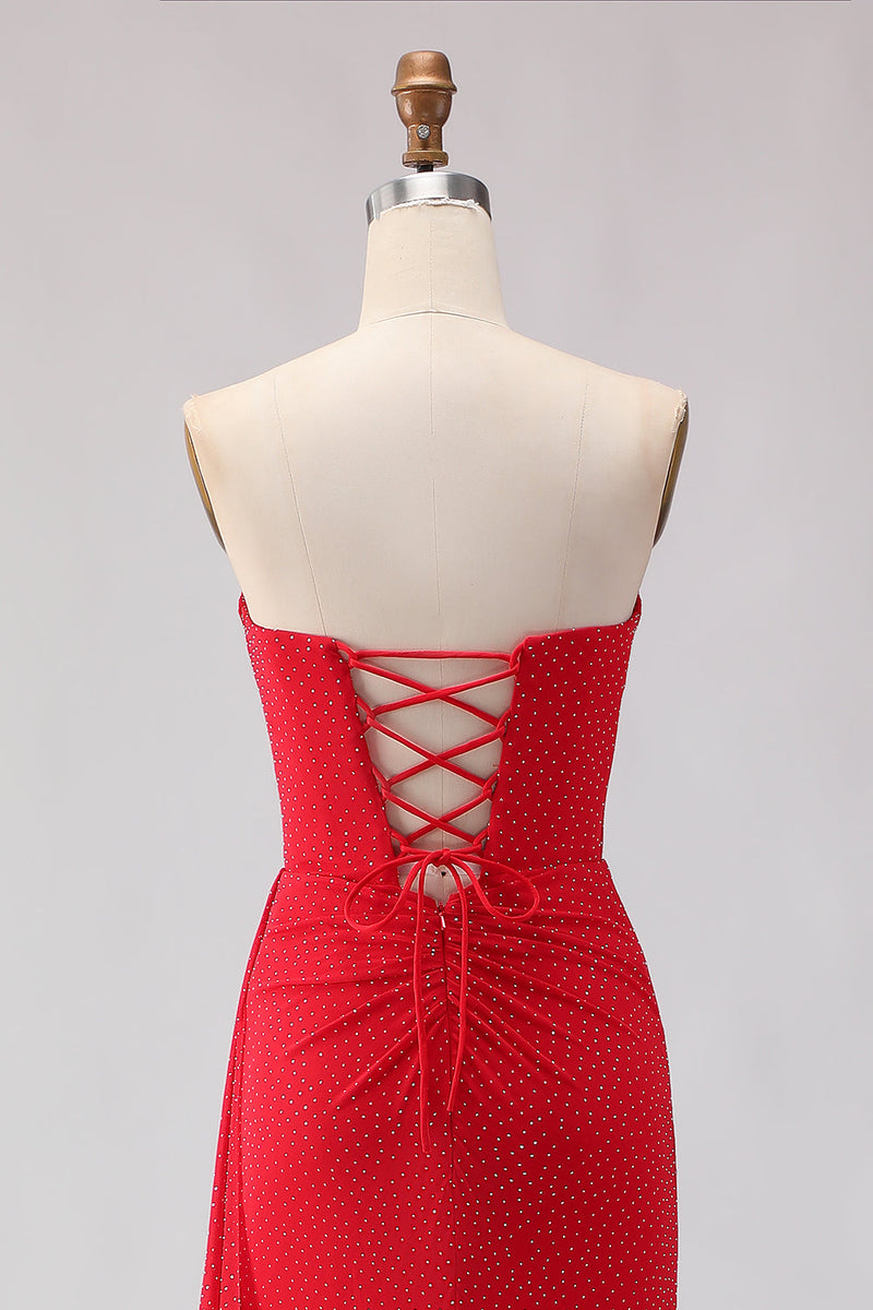 Load image into Gallery viewer, Sparkly Red Beaded Sheath Long Prom Dress with Slit