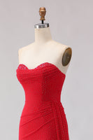 Load image into Gallery viewer, Sparkly Red Beaded Sheath Long Prom Dress with Slit